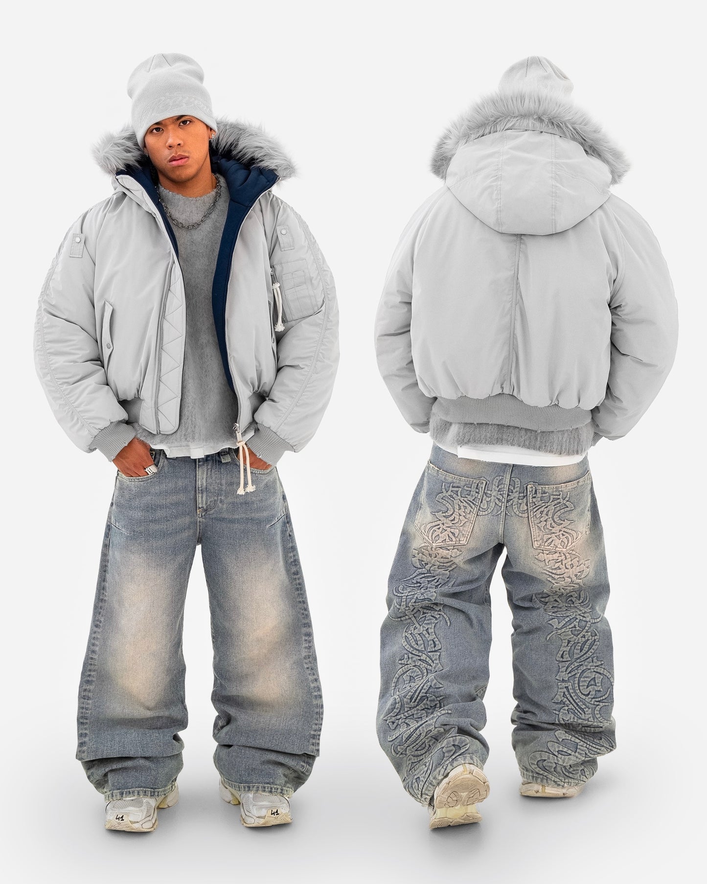 Reaven Grey Fur Bomber Jacket