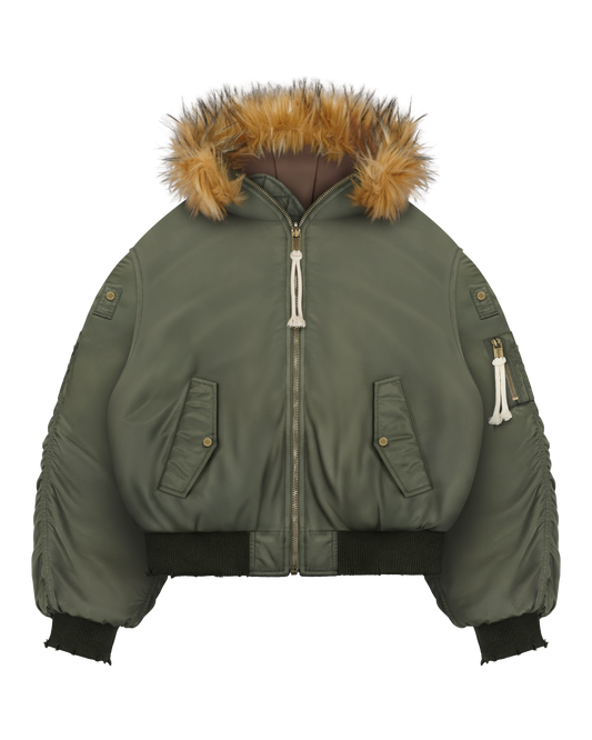 Reaven Olive Fur Bomber Jacket