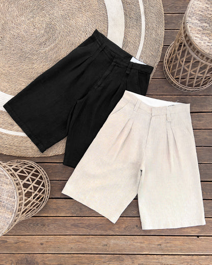 Reaven Black Linen Pleated Jorts