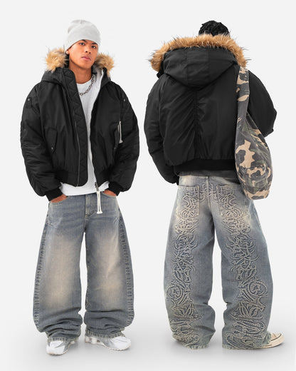 Reaven Black Fur Bomber Jacket