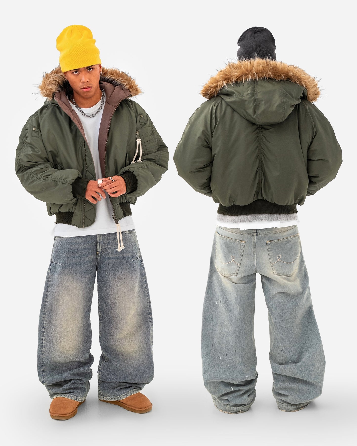 Reaven Olive Fur Bomber Jacket