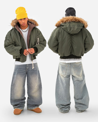 Reaven Olive Fur Bomber Jacket